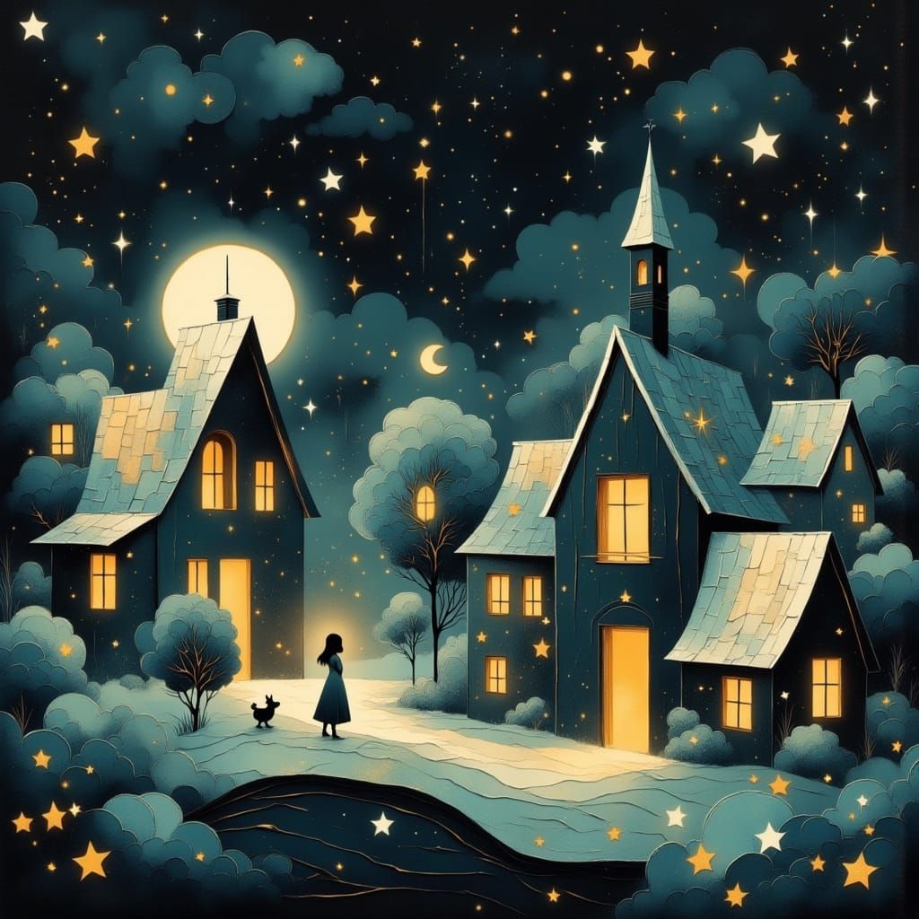 Whimsical Paper Town Under Ethereal Moonlight
