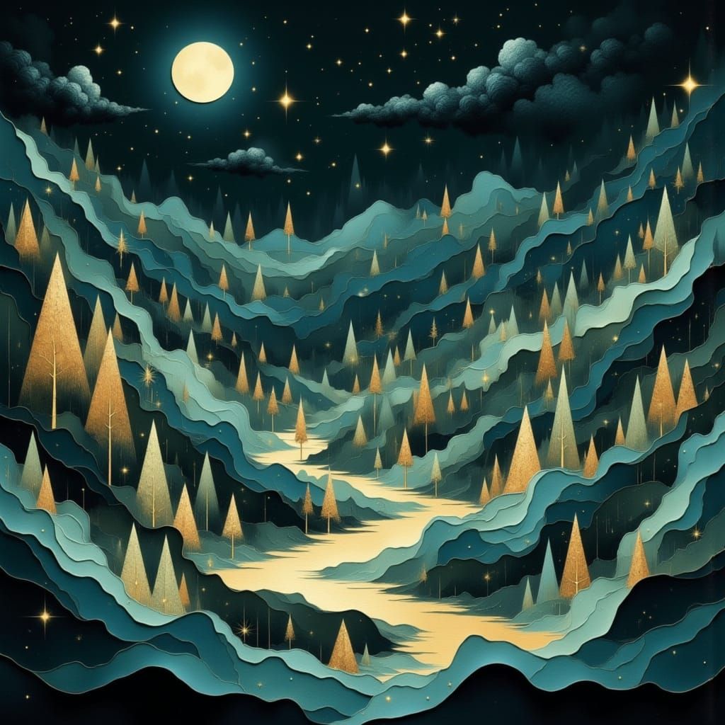 Dreamy Moonlight Paper Town Under Starry Sky