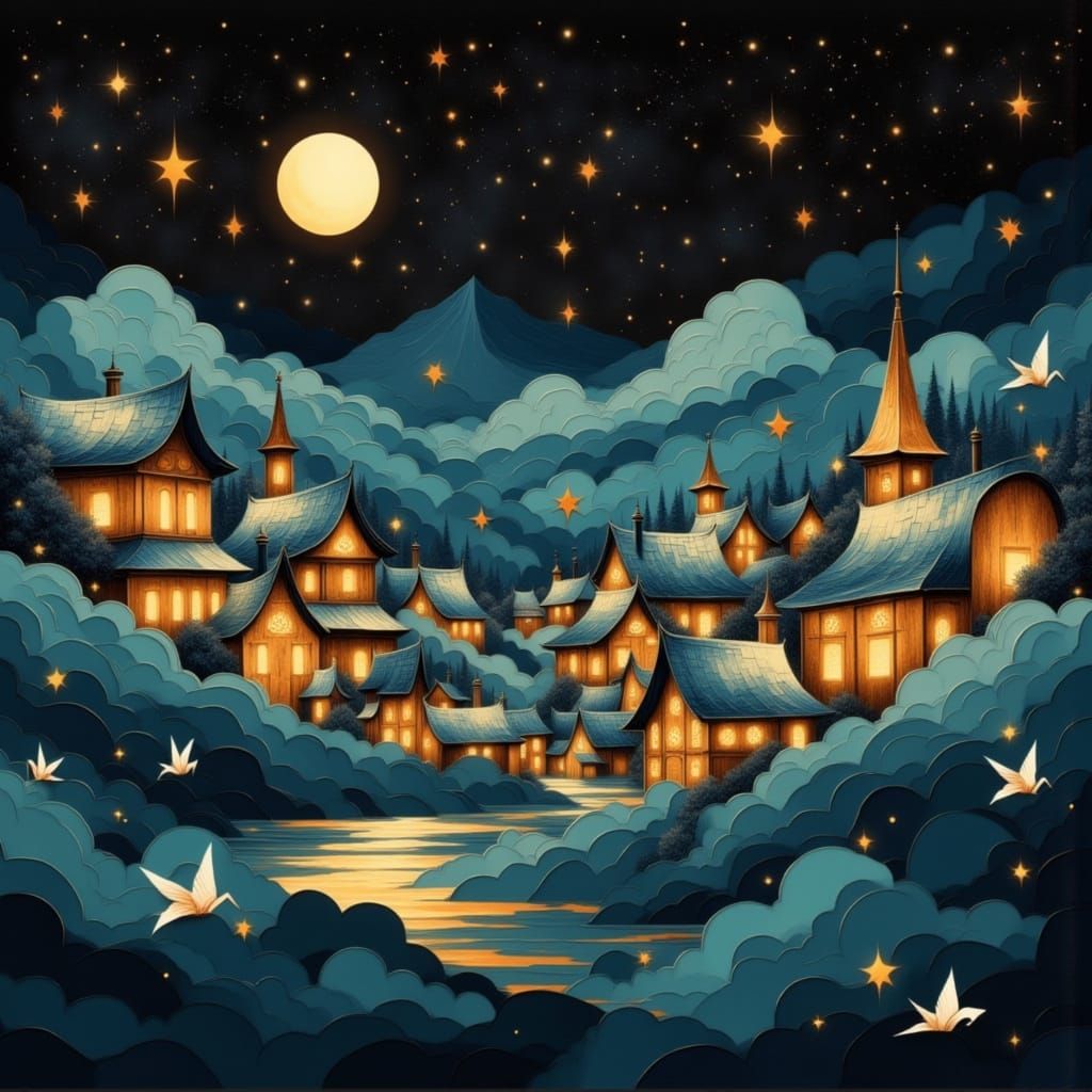 Whimsical Paper Town Under a Full Moon