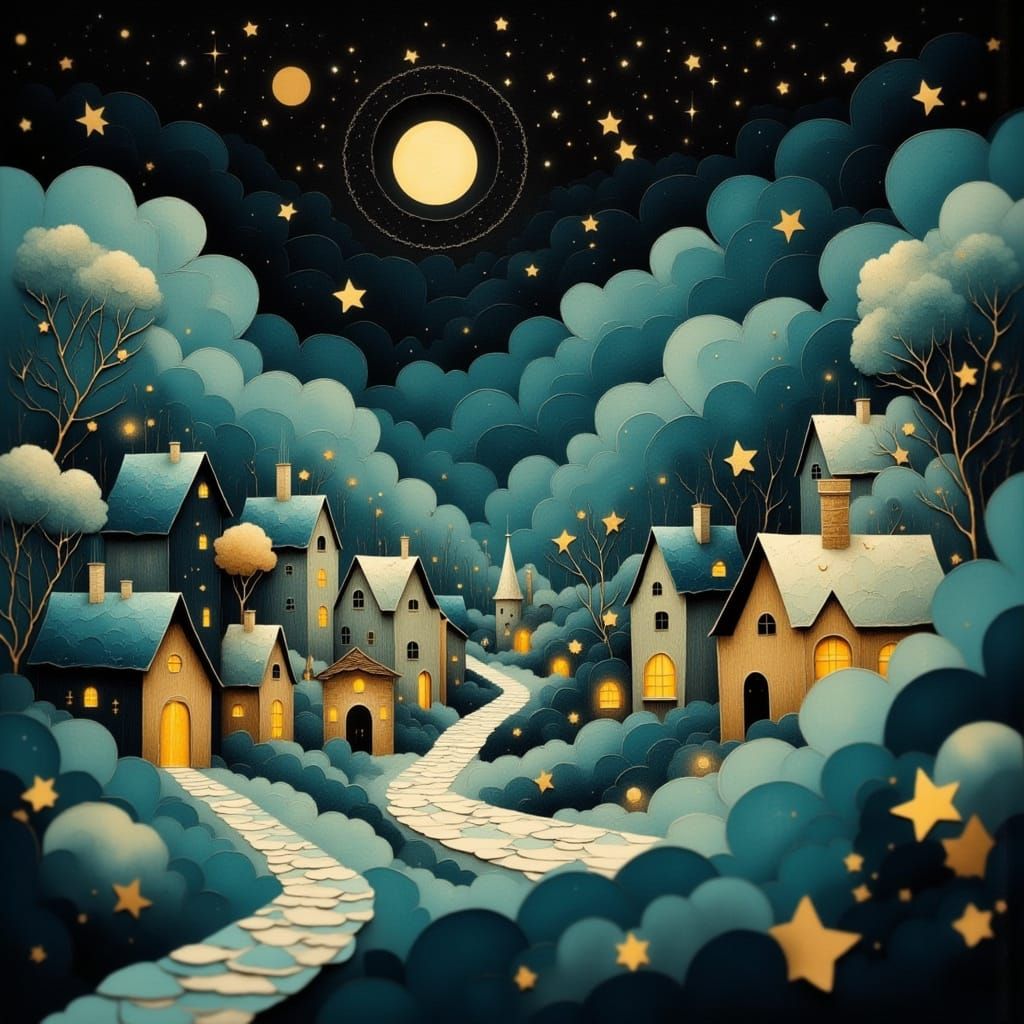 Whimsical Paper Town Under Luminous Moon