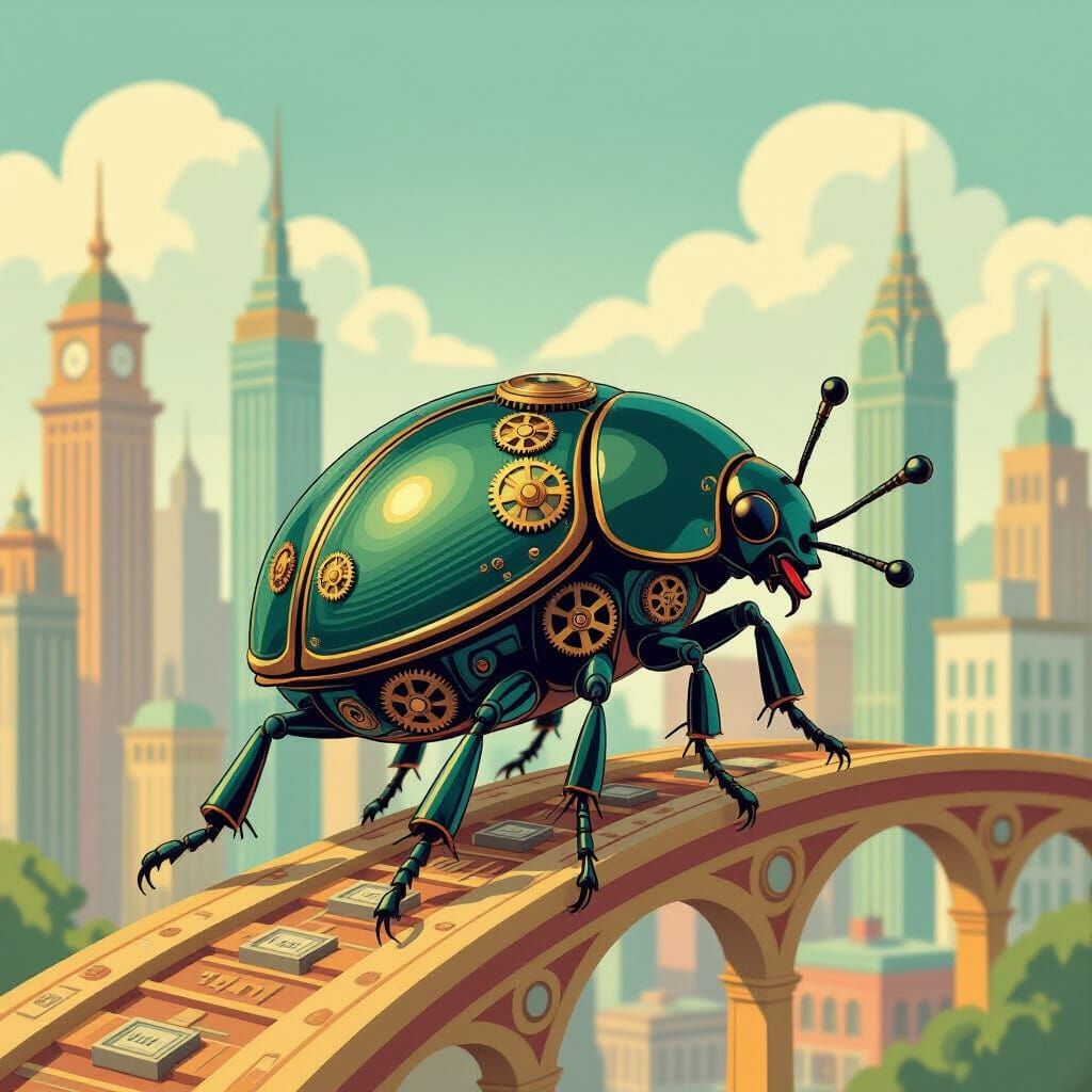 Clockwork Scarab Beetle in Stylized Cityscape, 1960s Art Sty...