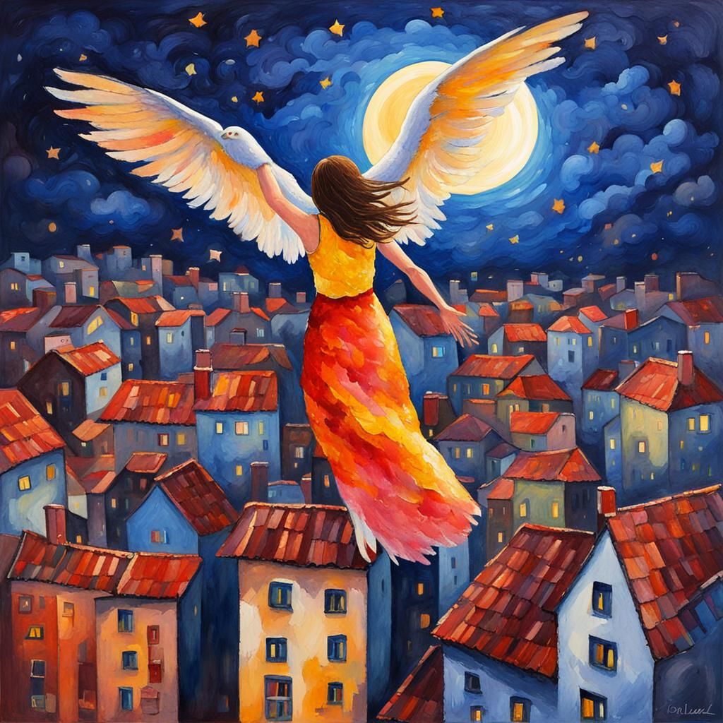 Girl with Dove Wings Flying in Watercolour