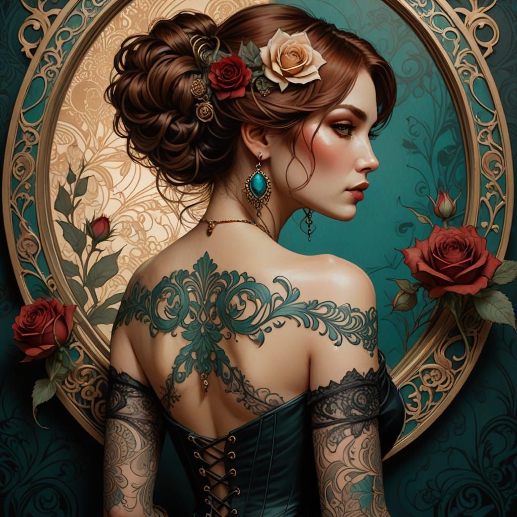 Elegant Young Woman with Intricate Tattoos in Vintage Glamou...