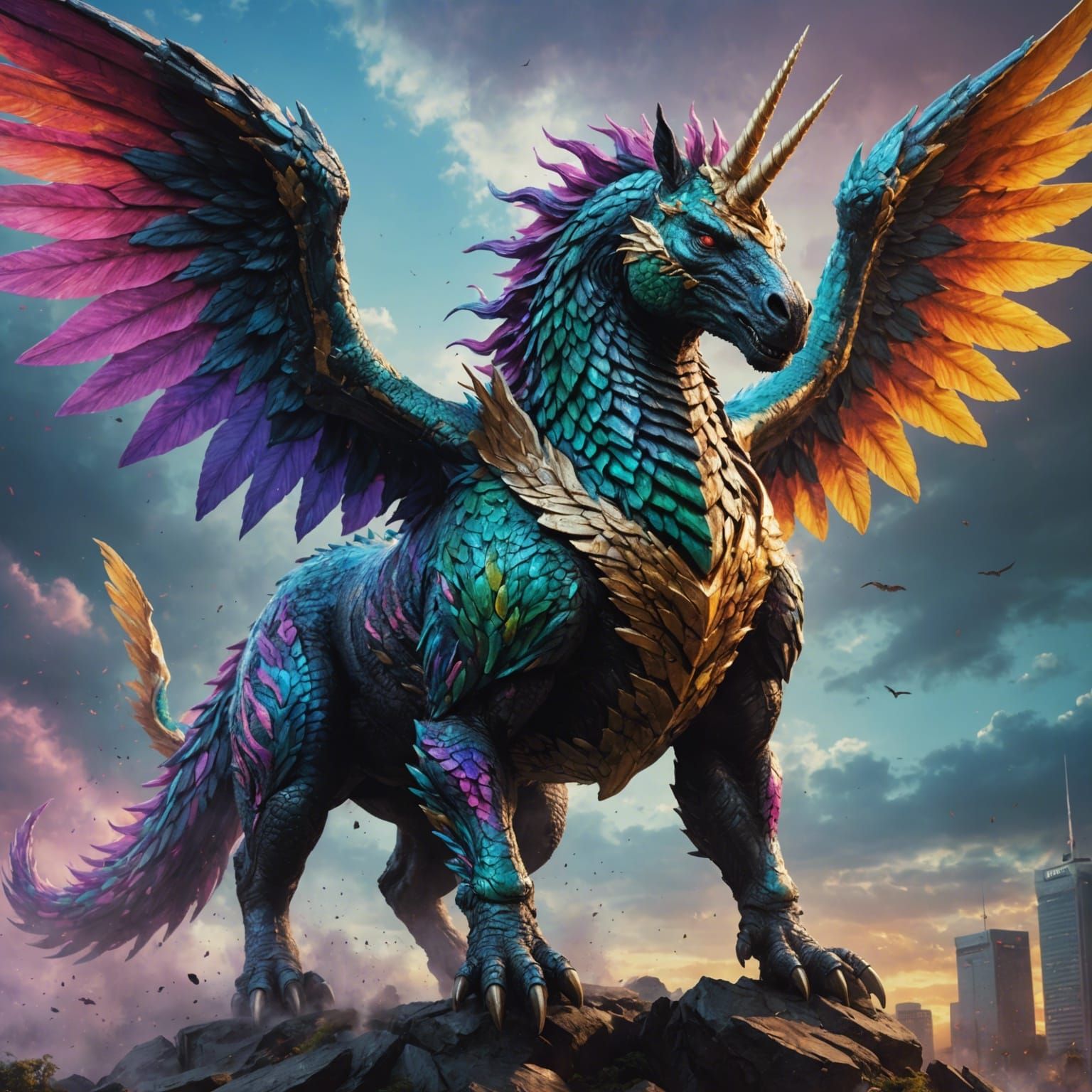 Winged Unicorn Godzilla Hyperrealistic Splash Art