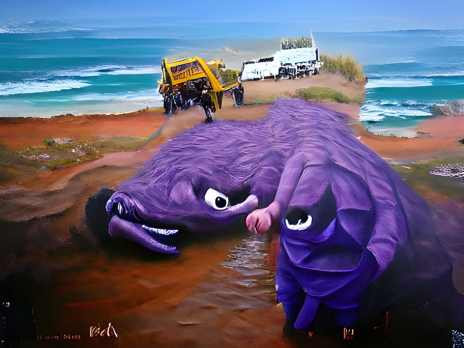 A giant purple mush monster and its twin in Australia, oil painting on canvas by Ken Done