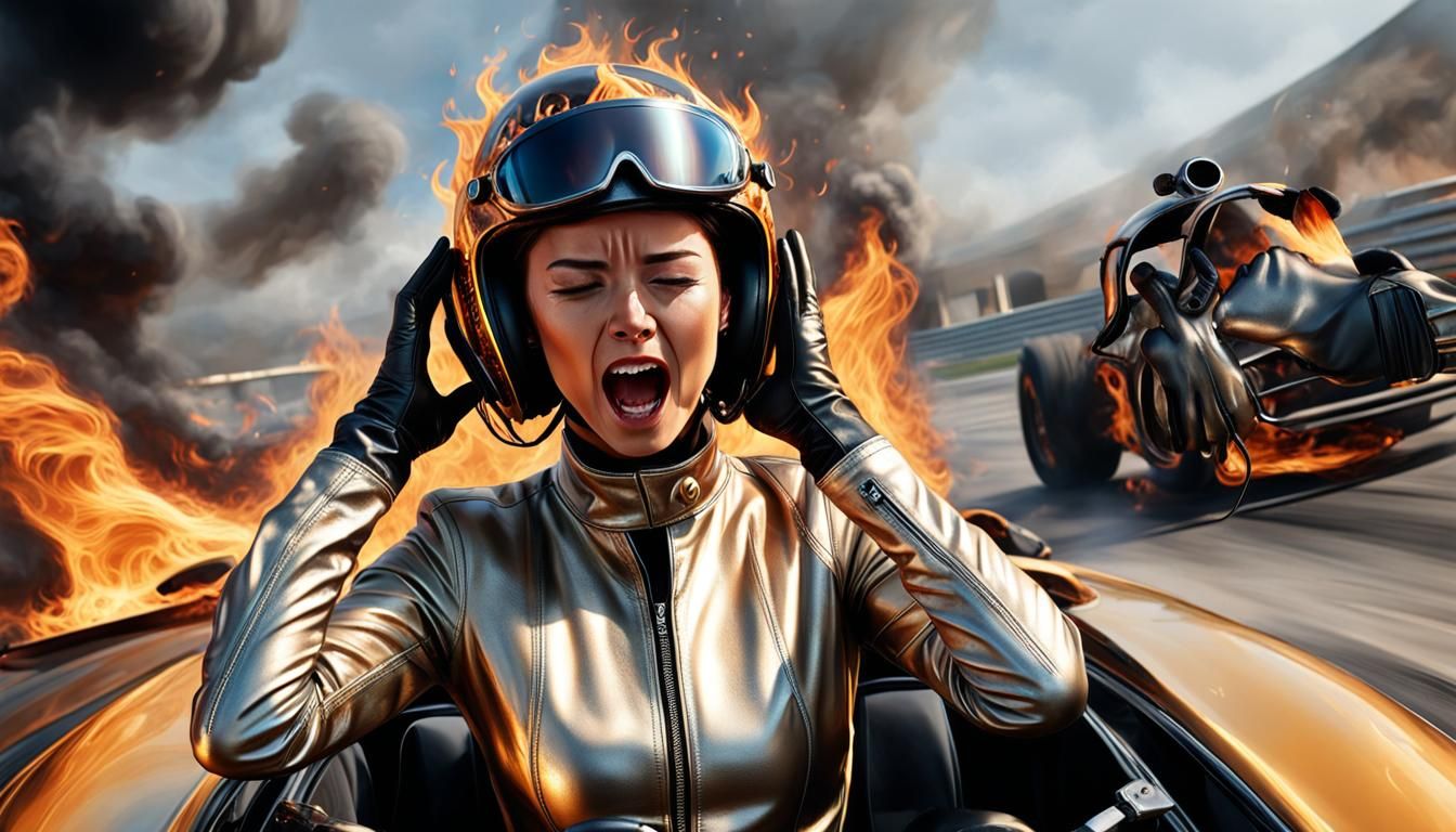Burning Fear: Hyperrealistic Woman in Racing Car