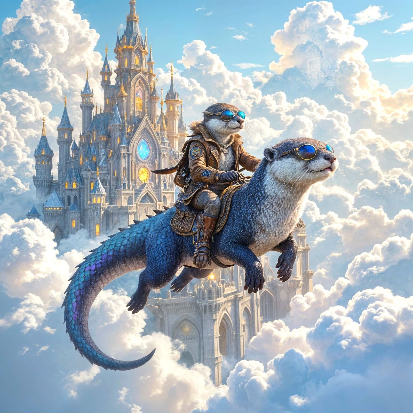 Otter Dragon Soars Over Fantasy Castle