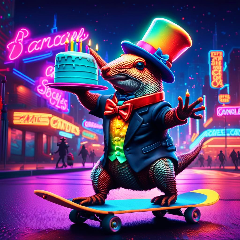 Neon Armadillo Dances in Retro Cityscape
