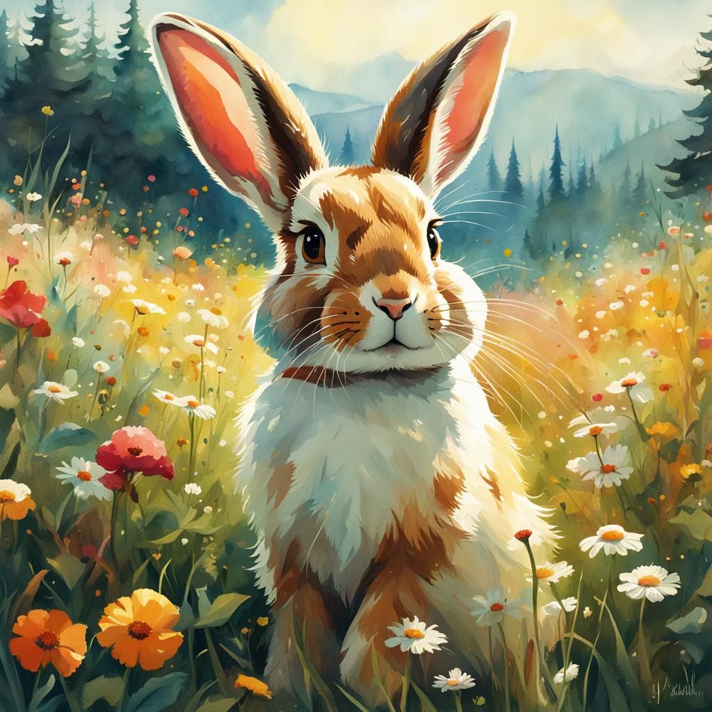 Fluffy Rabbit in Flowery Meadow Illustration
