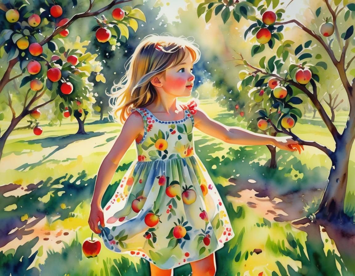 Girl Reaching for Apple in Fauvist Watercolor