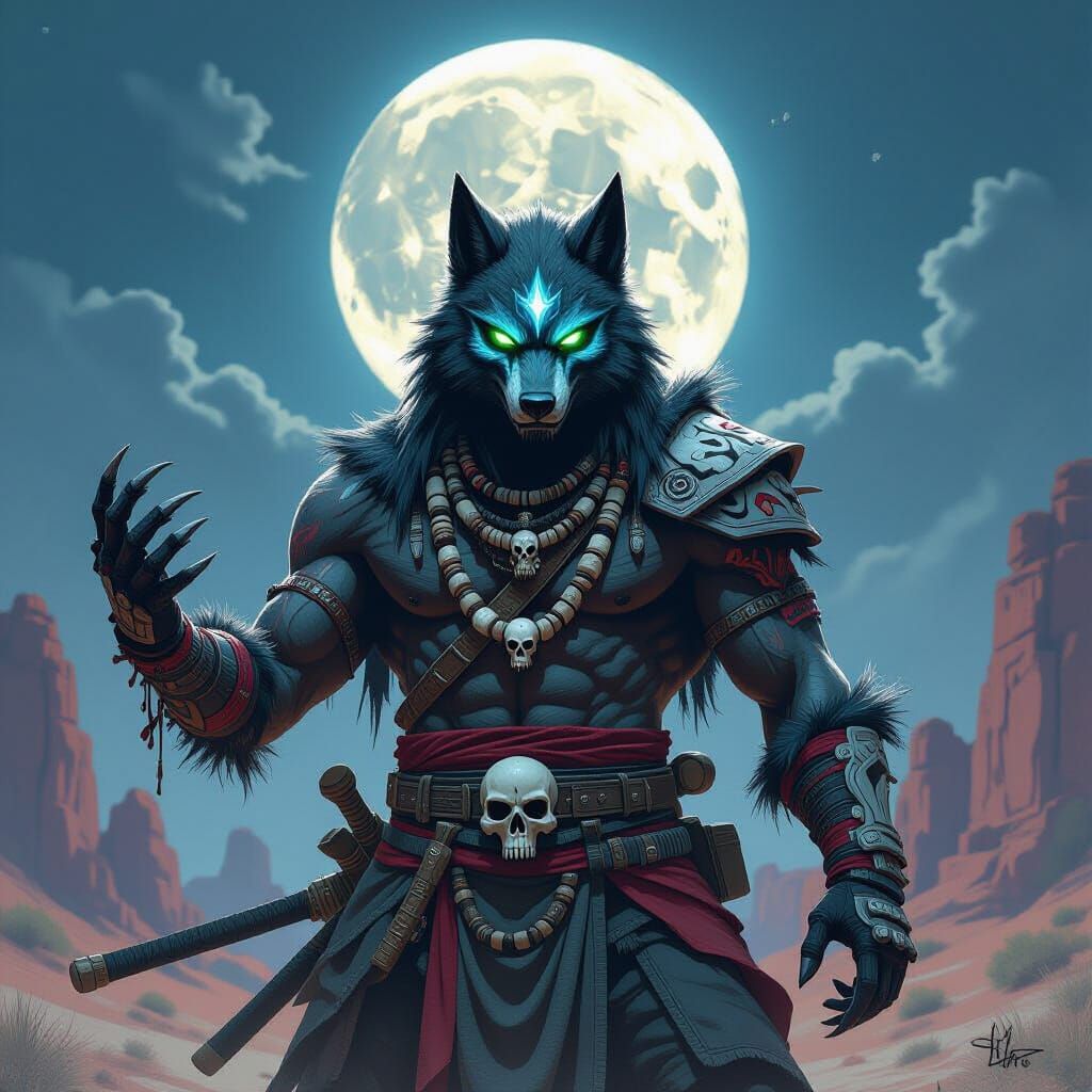 Masked Werewolf Warrior in Charcoal Drawing Style