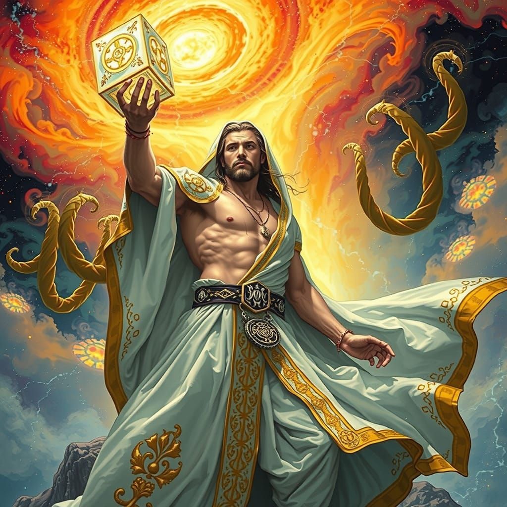 Mystical Wizard Holds Glowing Cube of Life