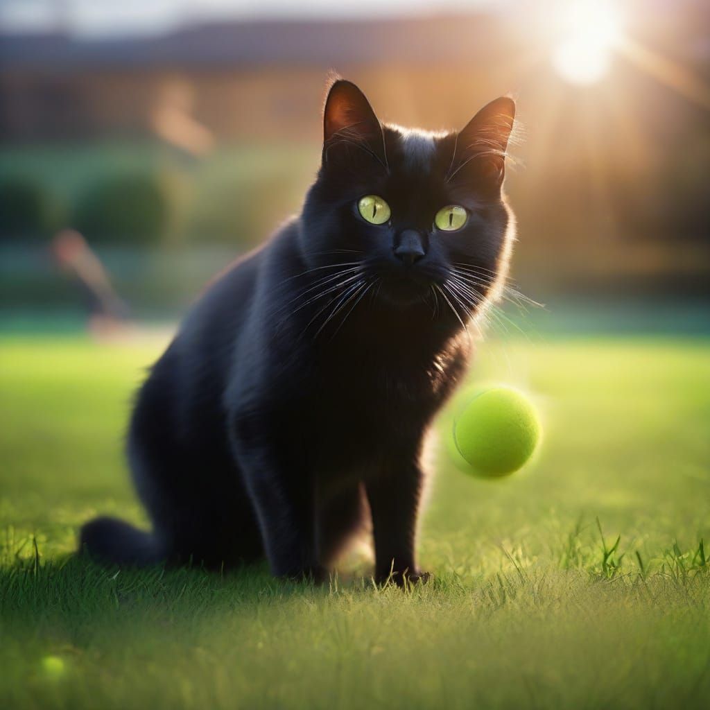 Black Cat Plays Tennis at Wimbledon: Digital Art