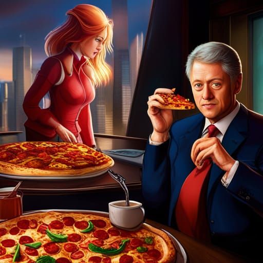Bill Clinton and Asuka Enjoying Pizza: Hyperrealistic Art