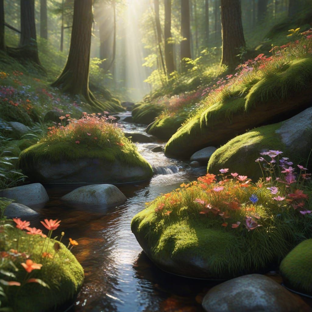 Sunlight Through Prism Creates Rainbow Forest Scene