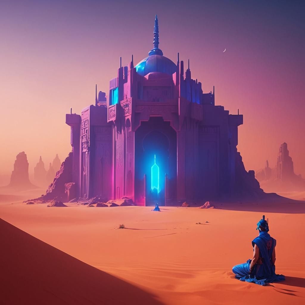 Cyberpunk Temple in Mystical Desert Concept Art