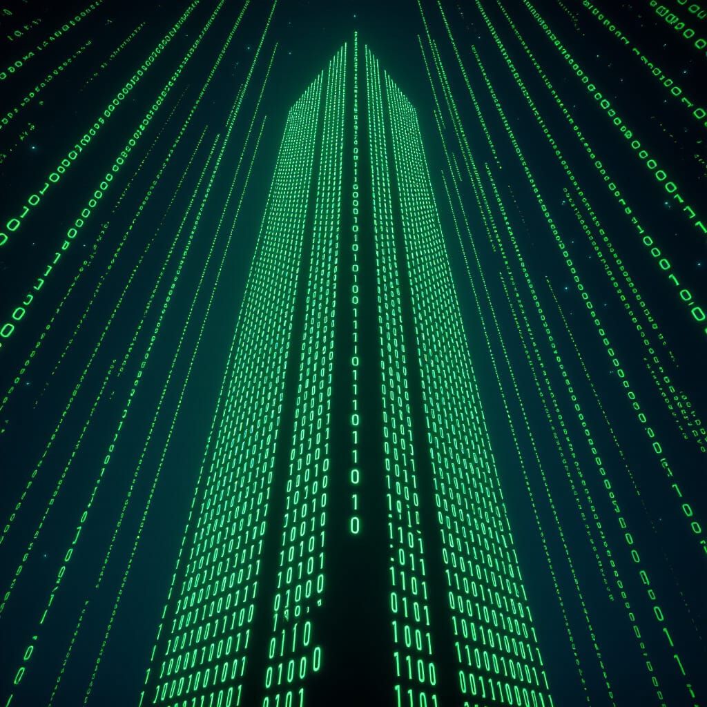 Towering Binary Code Skyscraper in Digital Void