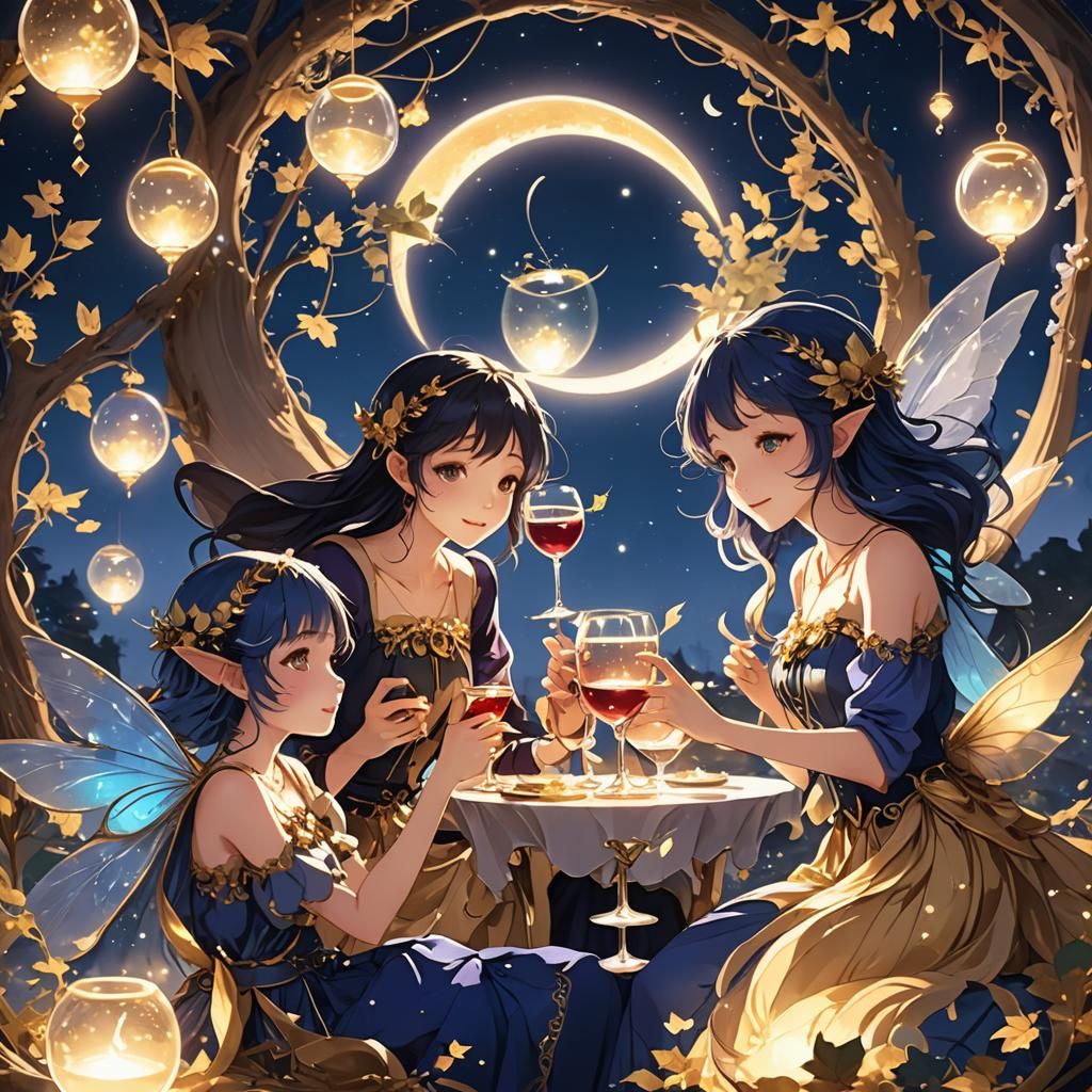Fairies Drinking Wine on Moon in Anime Style