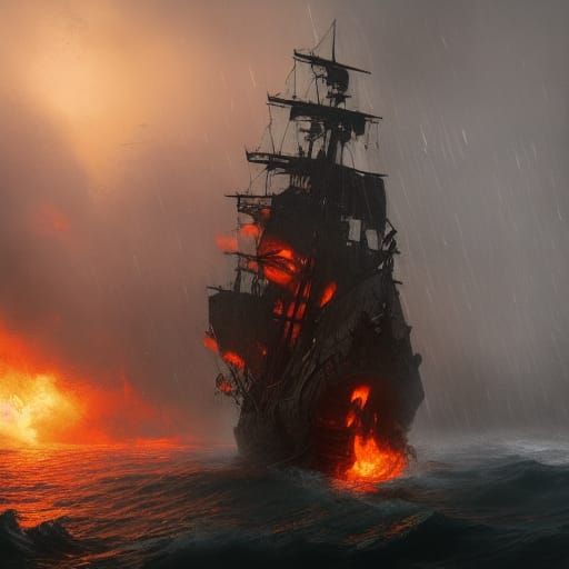 Burning Pirate Ship in Rain, Dark Fantasy Art