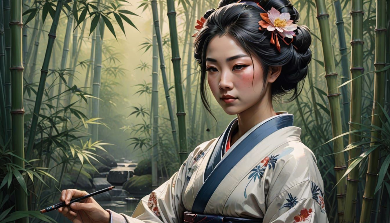 Geisha Practicing Calligraphy in Japanese Ink Painting Style