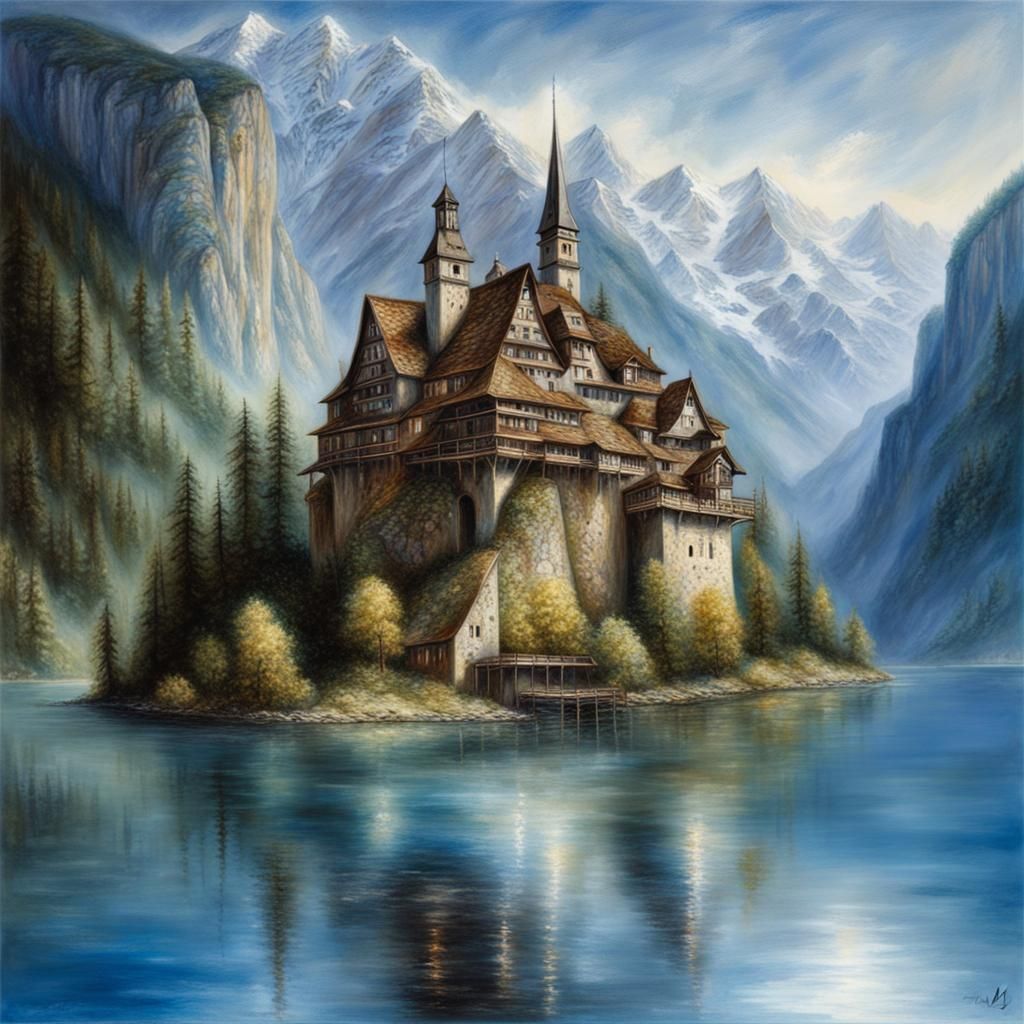 Hallstatt Austria Lake View as Oil Painting