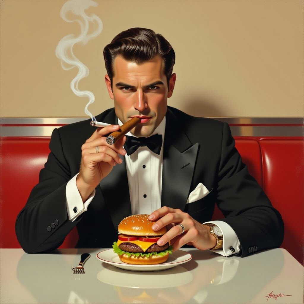 Author in Diner with Burger, Noir Aesthetic