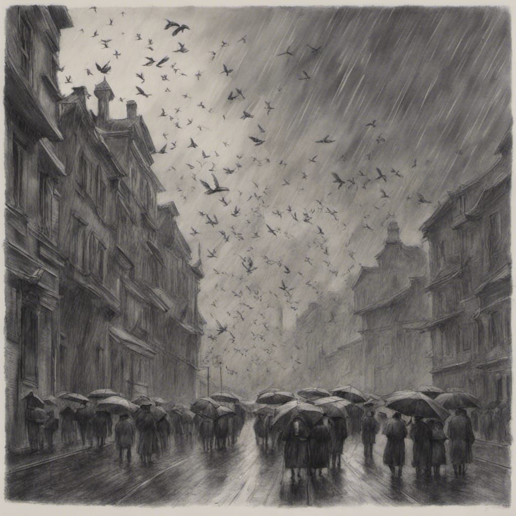 Sparrows Witnessing Funeral Procession: Charcoal Drawing