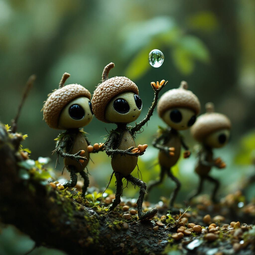 Alien Acorn People Explore Forest Branch