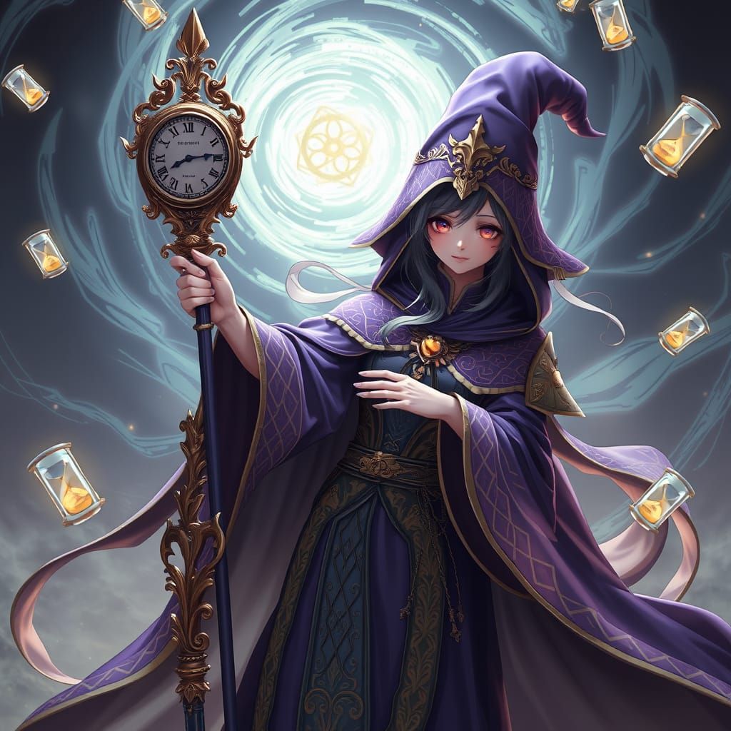 Mystical Time Witch with Hourglasses, in 3D Anime Style