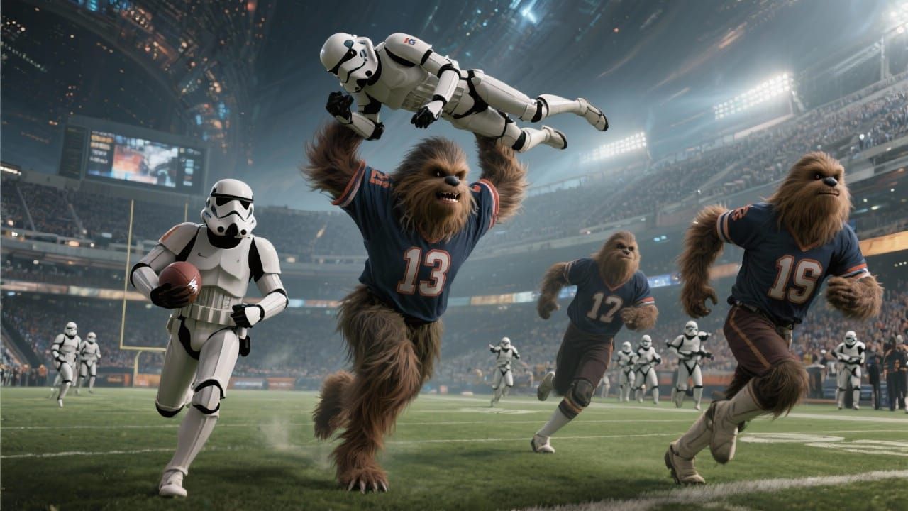 Wookiee vs Stormtrooper Football Battle in Galactic Stadium