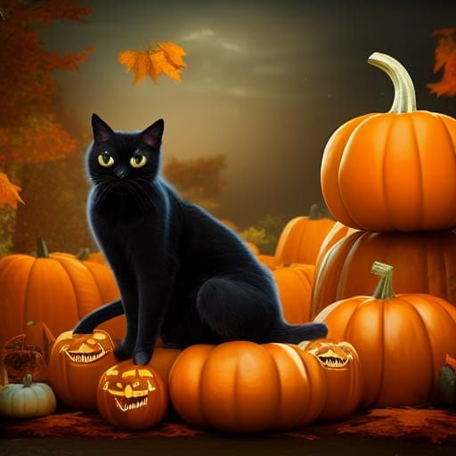 Black Cat on Pumpkin: Fantasy Concept Art
