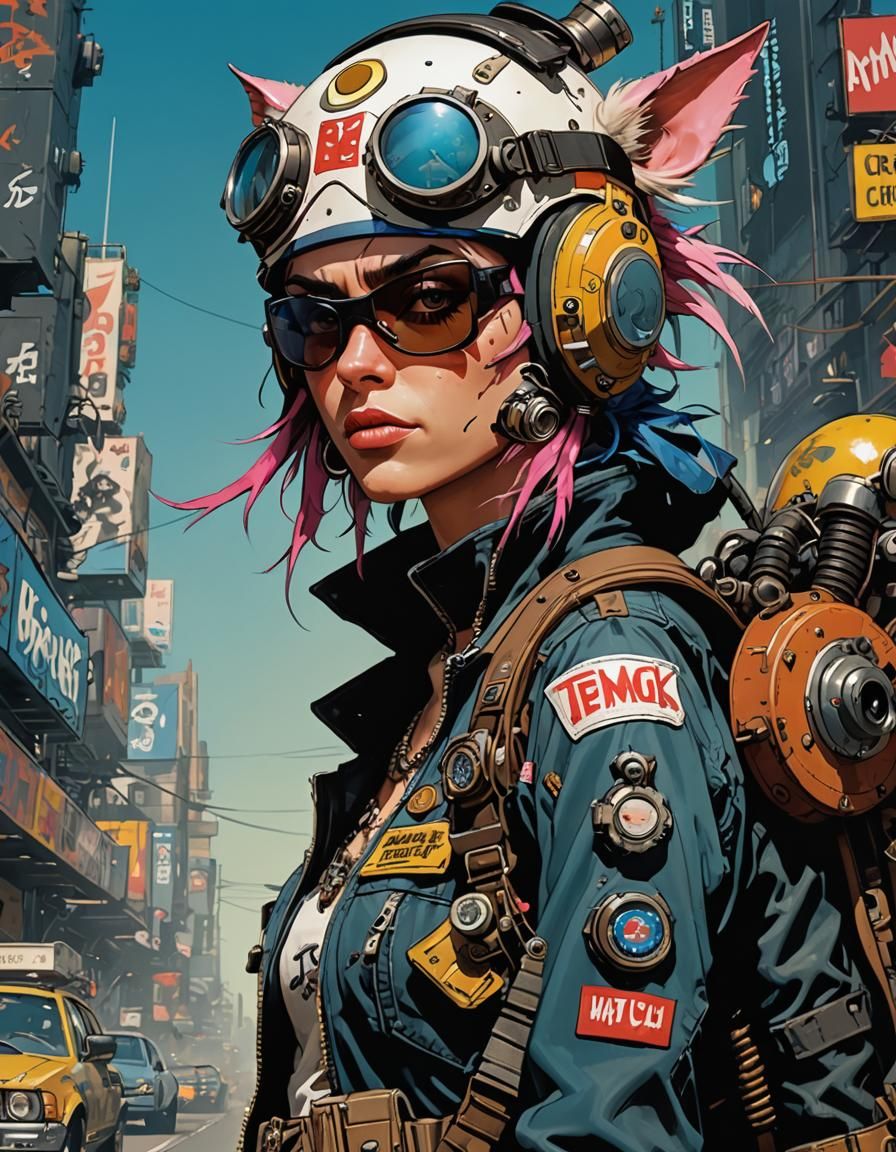 Jamie Hewlett’s Tank Girl wearing a helmet and goggles, cyberpunk art, inspired by Dave Gibbons, highly detailed digital...
