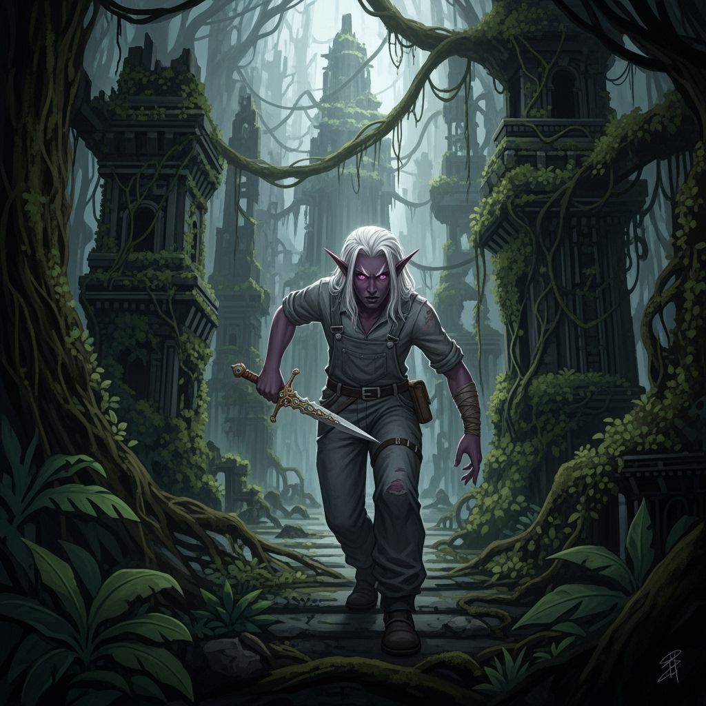 Drow Elf Searching Jungle City in Fantasy Art Style
