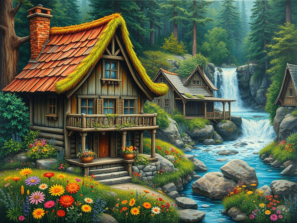 Whimsical Cottage Beside Waterfall in Folk Art Style