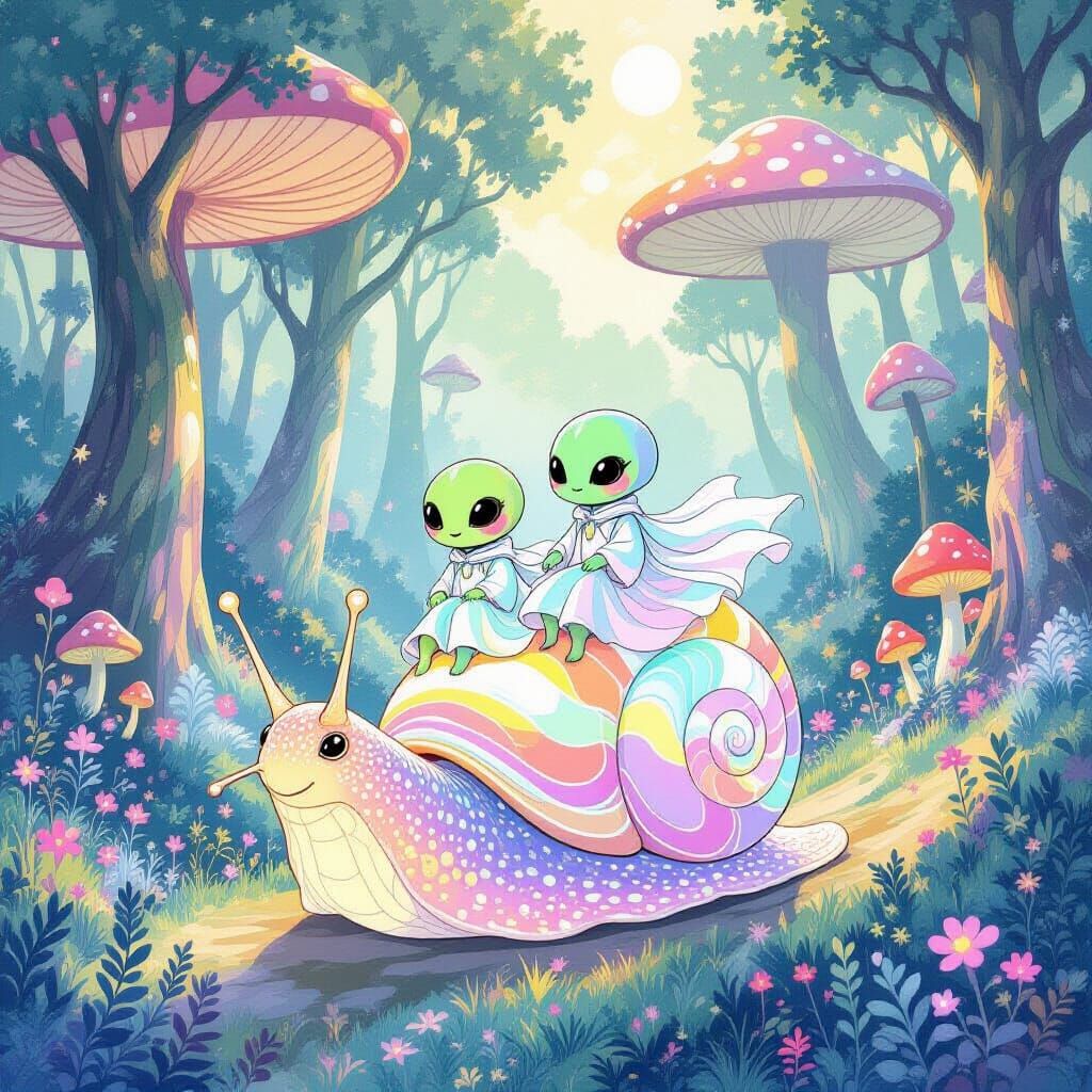 Aliens Ride Bioluminescent Snail in Whimsical Forest