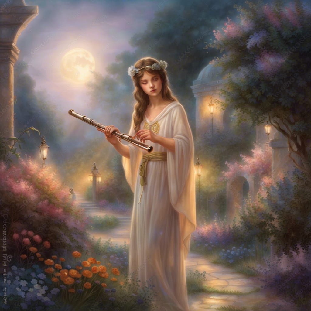 Teenage Sorceress Plays Flute in Moonlit Garden