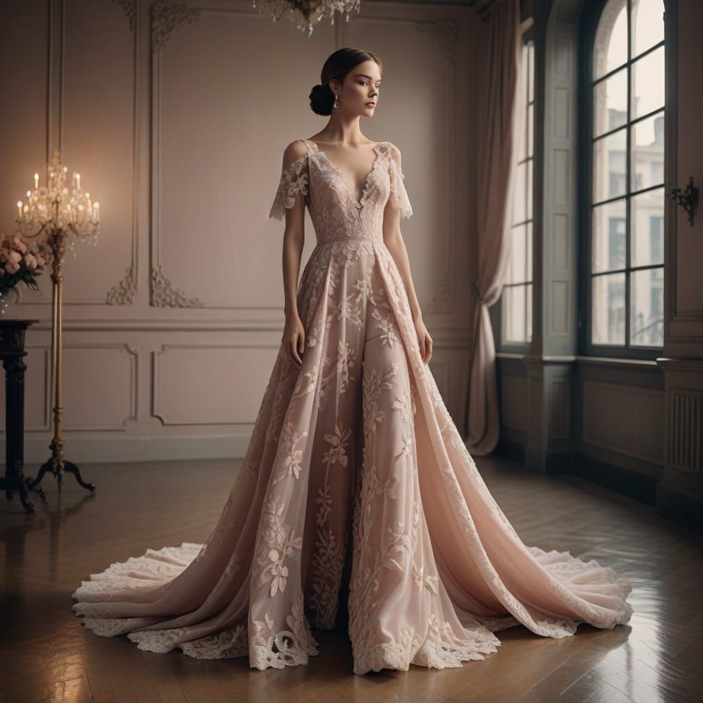 Elegant Woman in Flowing Gown, Cinematic Fashion Photography