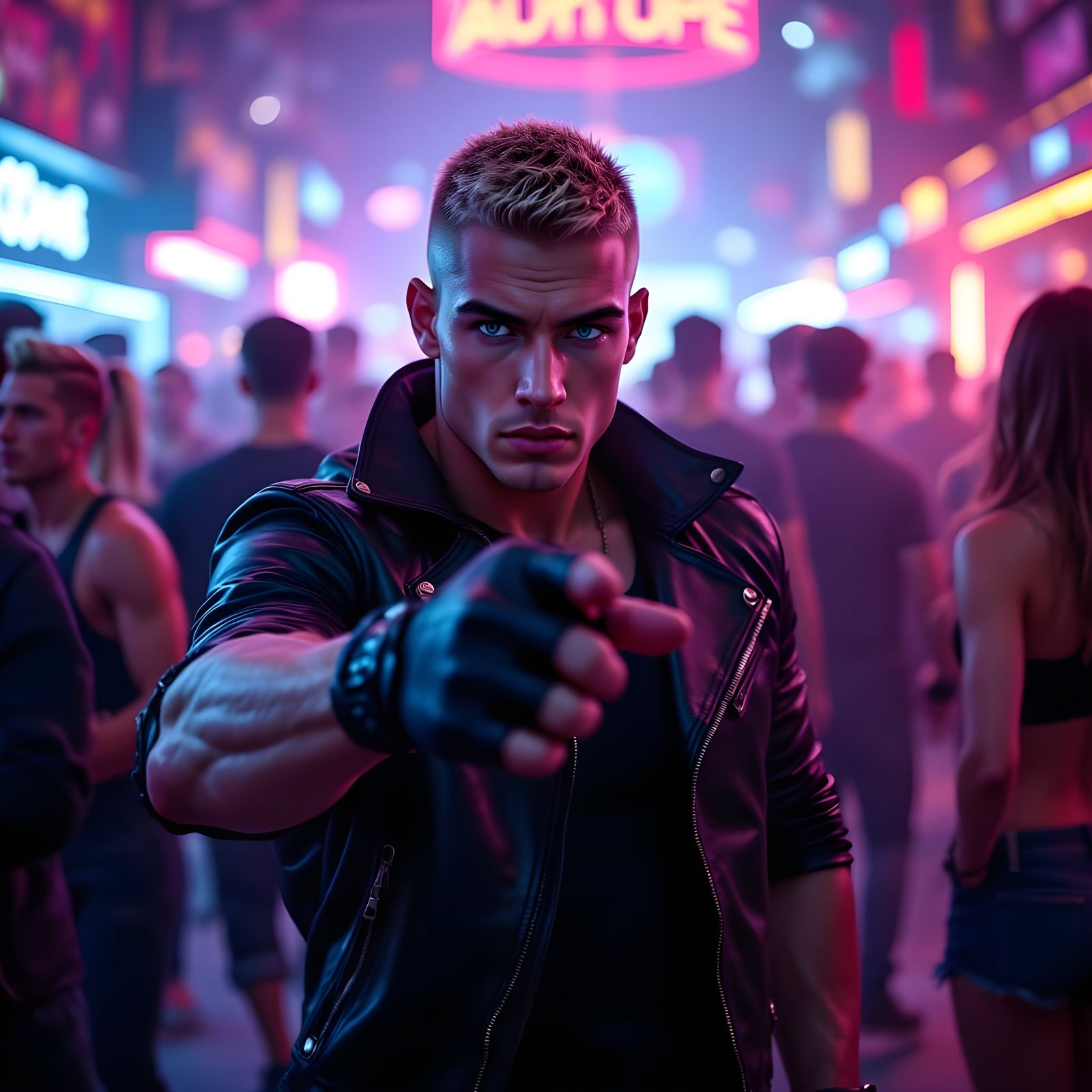 Beckoning Blond Man in Anime Style Nightclub