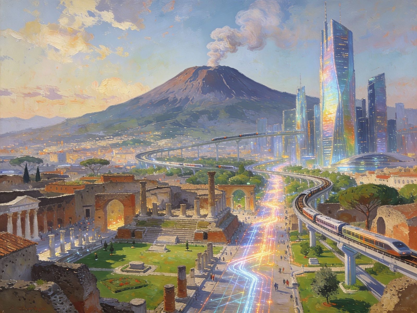 Futuristic Pompeii Metropolis with Vesuvius in Background