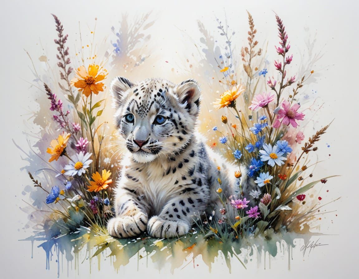 Playful Snow Leopard Cub in Winter Garden