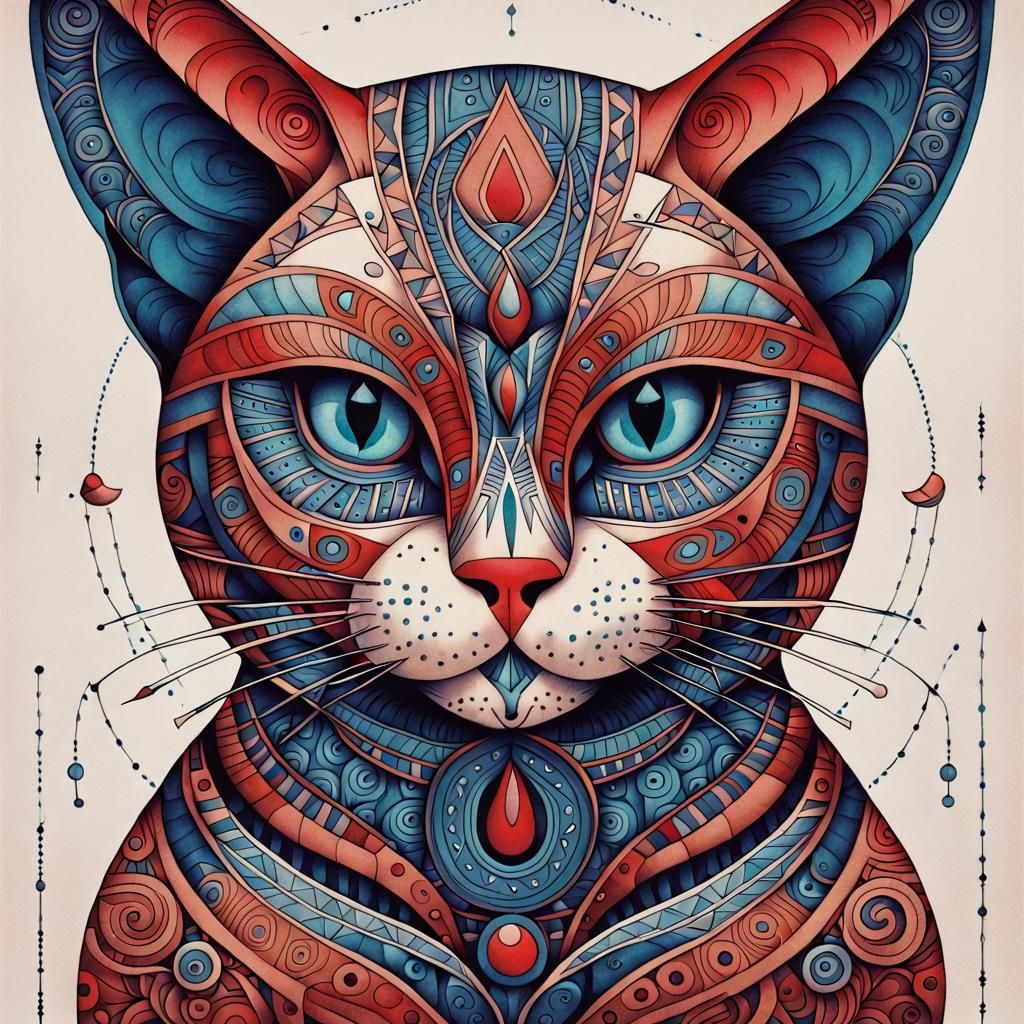 Tribal Cat Illustration with Geometric Patterns