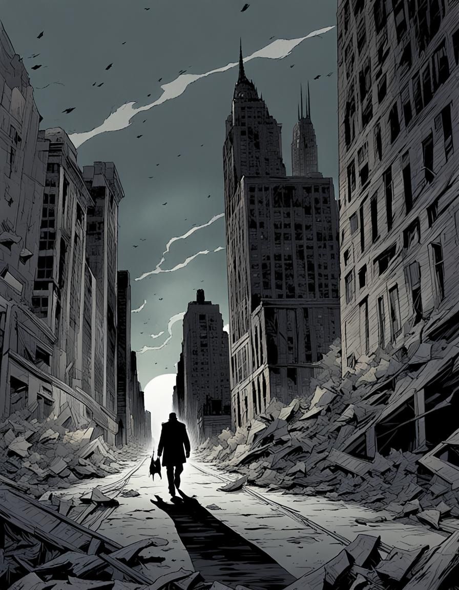 Lone Survivor in Ruined City: Dark Comic Book Style