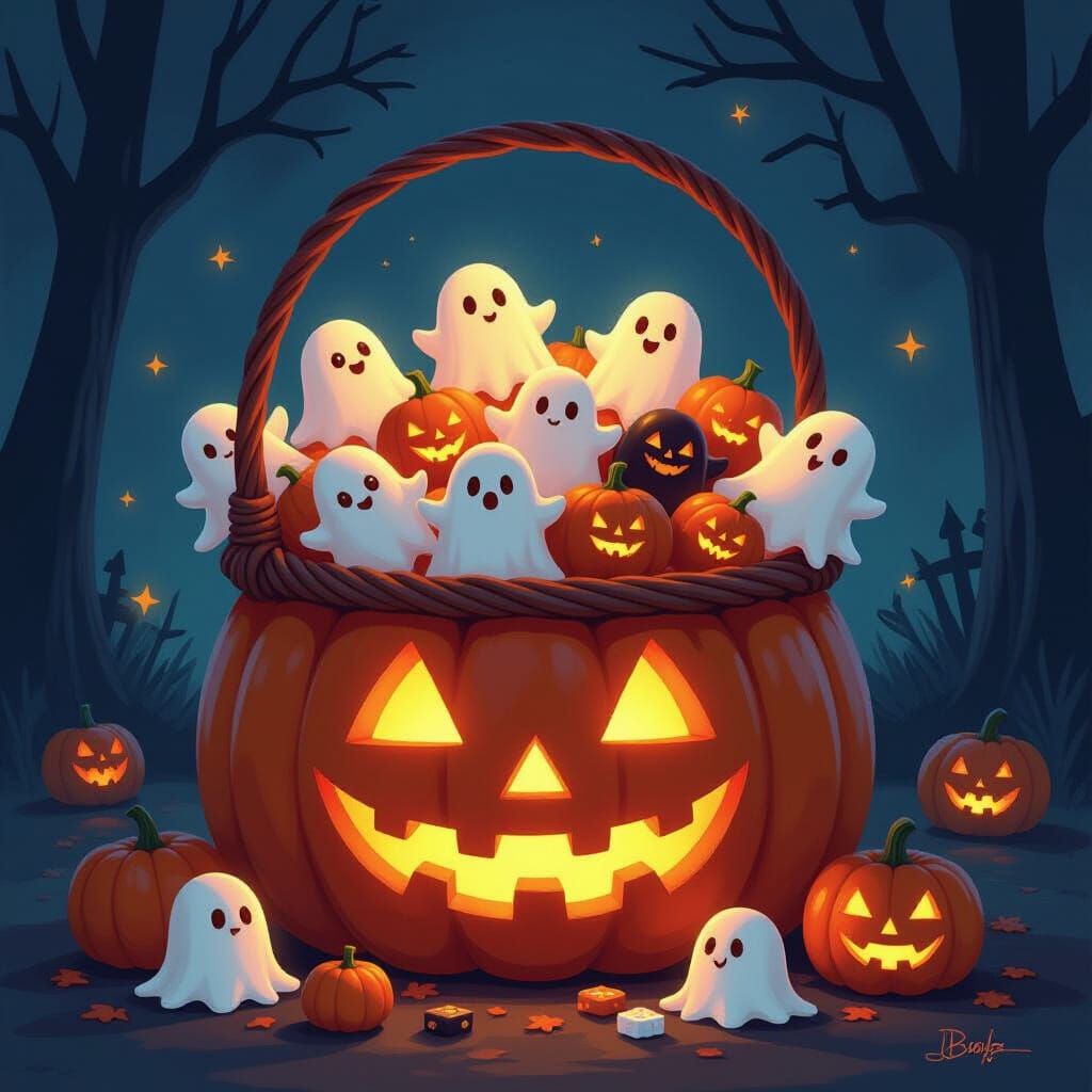 Whimsical Halloween Pumpkin Basket with Glowing Ghost Candie...