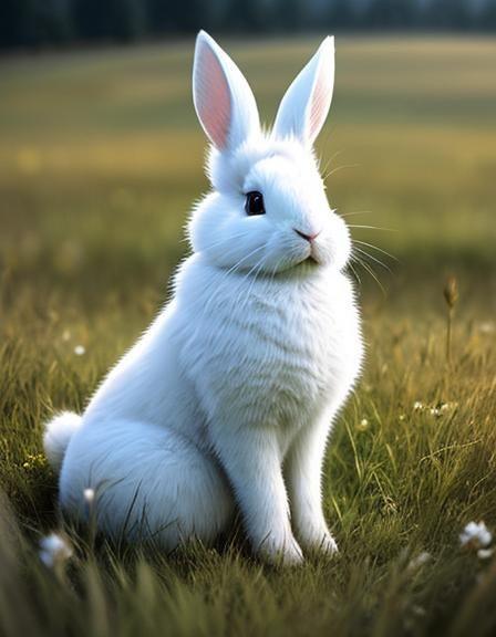 Hyperrealistic White Rabbit in Meadow Photograph
