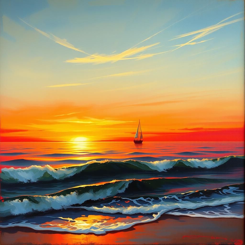 Golden Sunset Seascape with Sailboat in Dreamy Realism