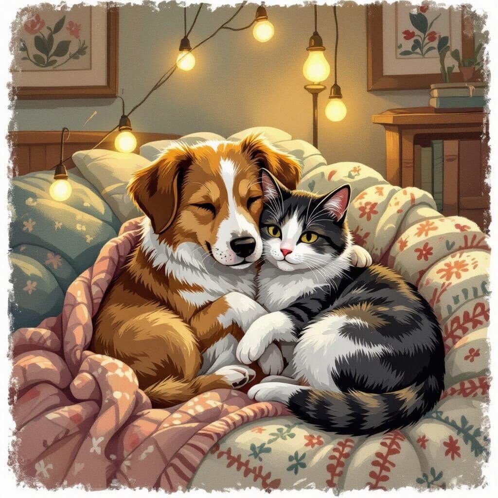 Cozy Dog and Cat Cuddle in Whimsical Living Room