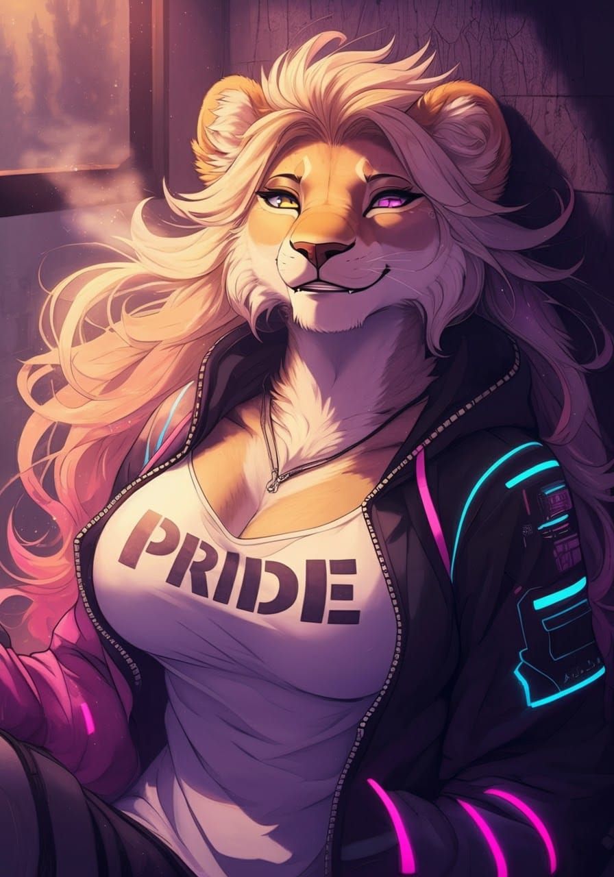 Anthropomorphic Lioness in Cyberpunk Hoodie - Digital Art
