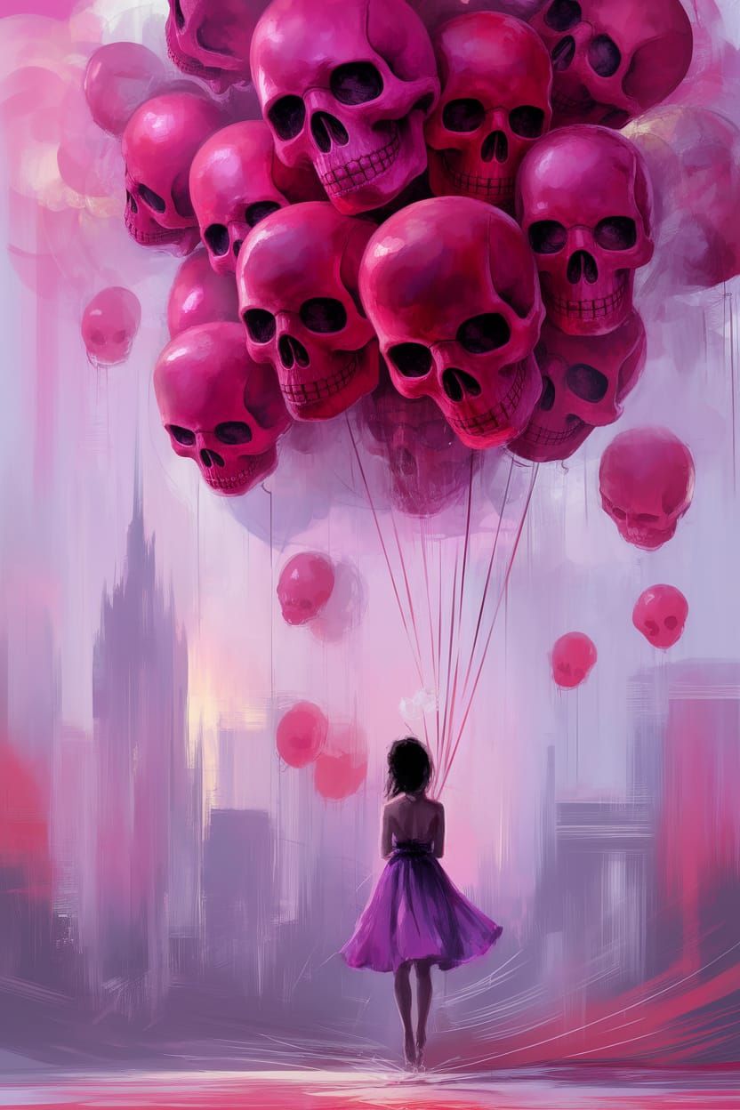 Ethereal Figure with Floating Skull Balloons in Watercolor S...