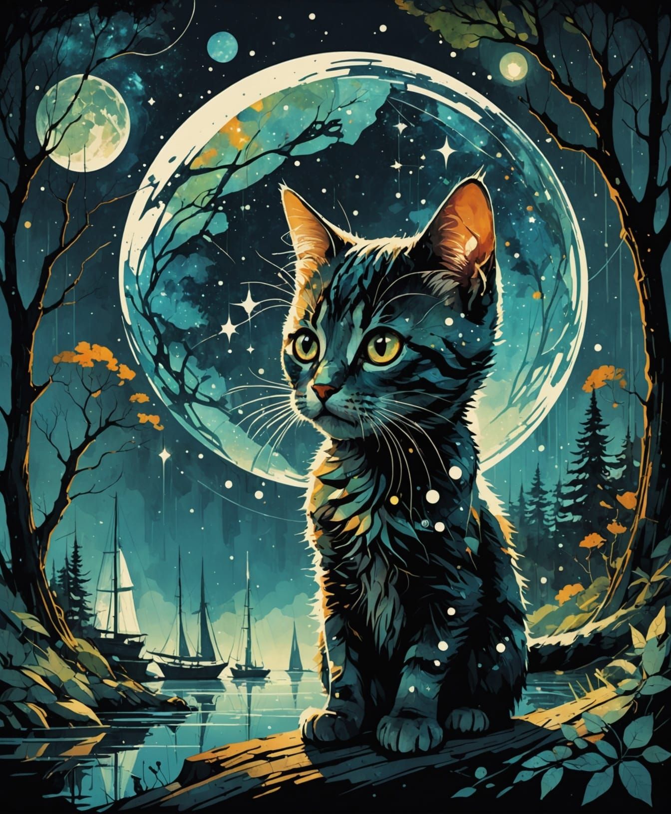 Galaxy Kitten Double Exposure in Maximalist Style