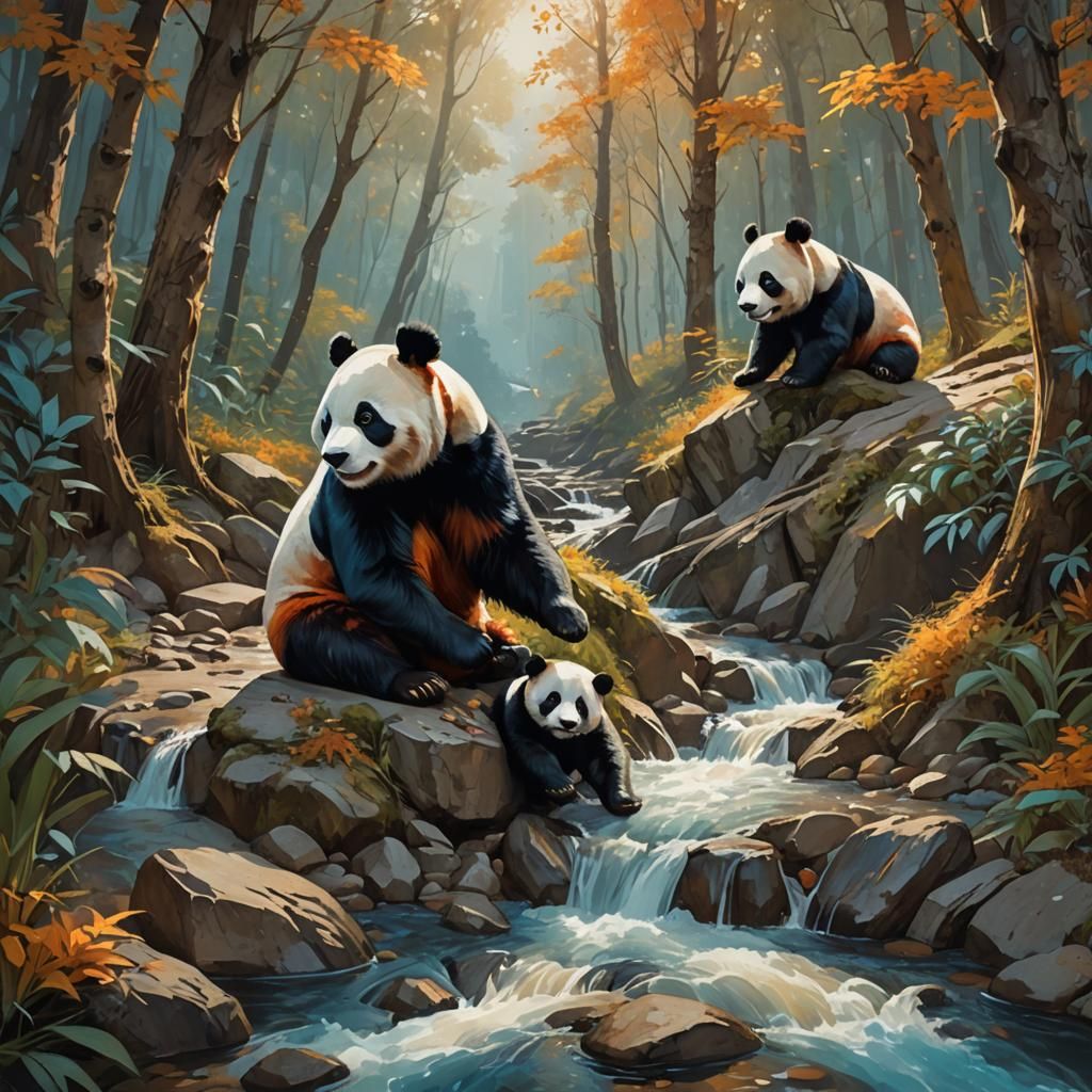 Panda Bears Playing by Stream: Digital Impasto Painting